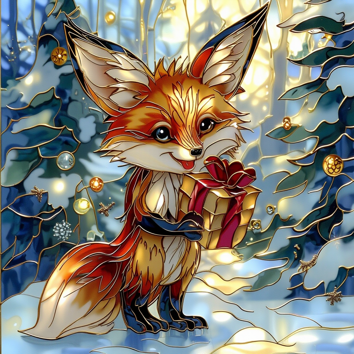  A cheerful fox holding a gift box with a bow, standing in front of a decorated snow-covered tree.