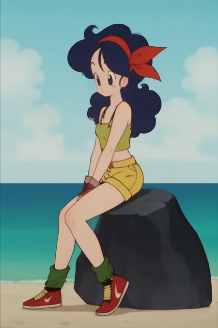 source_anime, score_9, score_8_up, score_7_up, anime screencap,
cocottedbs, high quality, launch good
1girl, solo, blue hair, long hair, curly hair, blue eyes, hair ribbon, red hairband, 
midriff, fingerless gloves, cleavage, shoes, yellow shorts, socks, green legwear, green crop top, red footwear, 
sitting, from side, 
island, ocean, rock, blue sky, 
 <lora:launch_pony_v1.0:0.8>