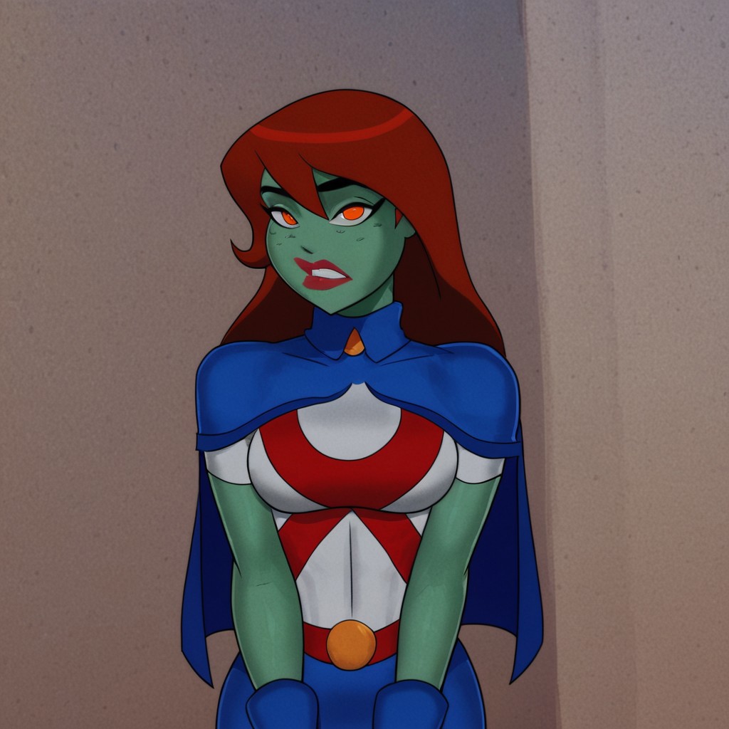 score_9, score_8_up, score_7_up, 1girl, solo, lipstick, red hair, long hair, orange eyes, colored skin, green skin, breast, blue cape, blue skirt, gloves, superhero, MissMartianSU, looking at viewer, indoors