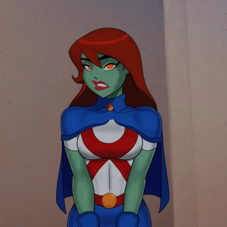 score_9, score_8_up, score_7_up, 1girl, solo, lipstick, red hair, long hair, orange eyes, colored skin, green skin, breast, blue cape, blue skirt, gloves, superhero, MissMartianSU, looking at viewer, indoors