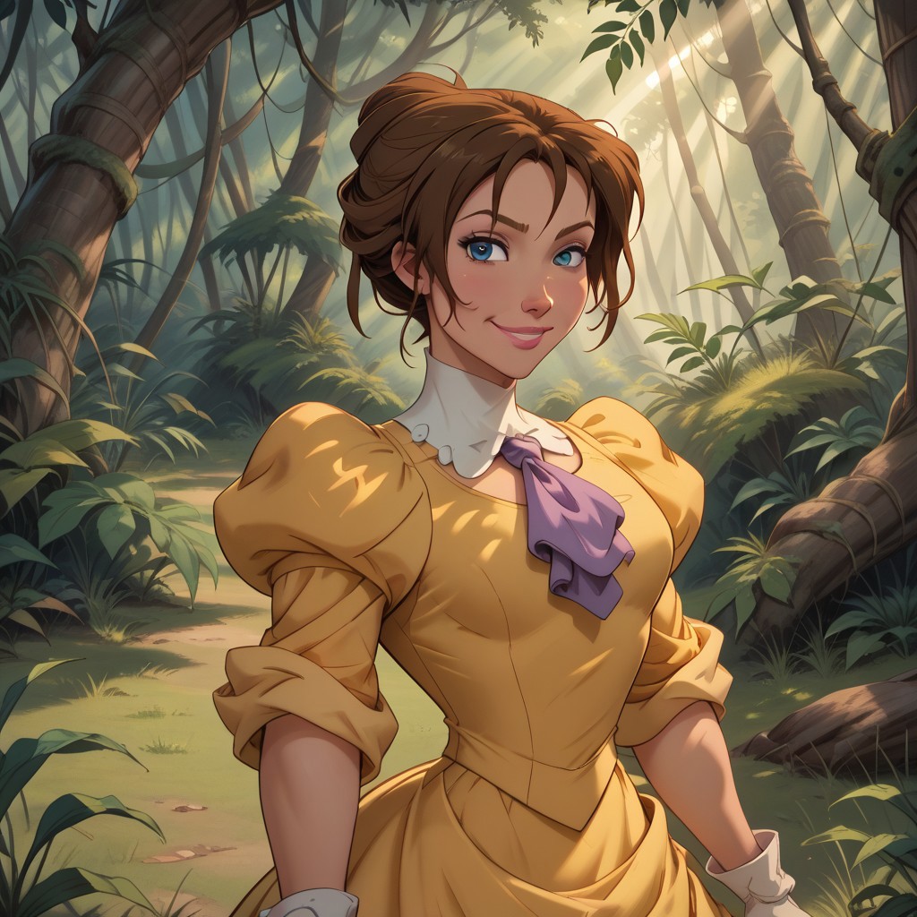 score_9, score_8, BREAK, solo, Jane Porter, 1girl, brown hair, blue eyes, short hair, single hair bun, yellow victorian style dress, puffy sleeves, white gloves, purple cravat, makeup, pink lips, sexy pose, self portrait, smile, outdoors, sunlight, shadows, evening lighting, natural lighting, jungle, trees, grass, orange sky, sunset