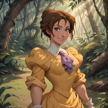 score_9, score_8, BREAK, solo, Jane Porter, 1girl, brown hair, blue eyes, short hair, single hair bun, yellow victorian style dress, puffy sleeves, white gloves, purple cravat, makeup, pink lips, sexy pose, self portrait, smile, outdoors, sunlight, shadows, evening lighting, natural lighting, jungle, trees, grass, orange sky, sunset