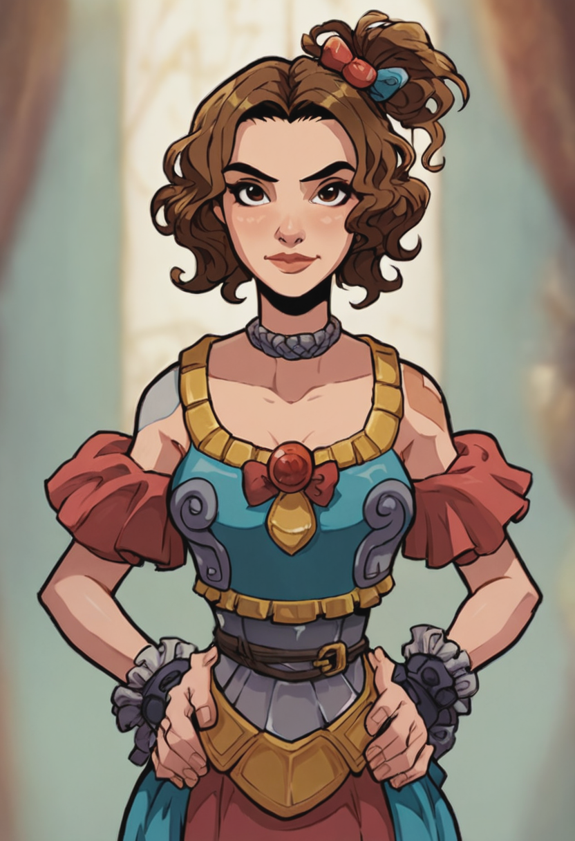 score_9, score_8_up, score_7_up, 1girl, portrait, solo, Standing with hands on hips, cute, confident expression, pov, (Harlequin armored dress), Chestnut Brown hair, portrait, rating_safe, <lora:pony\artist_styles\akabur_pony:1.0>