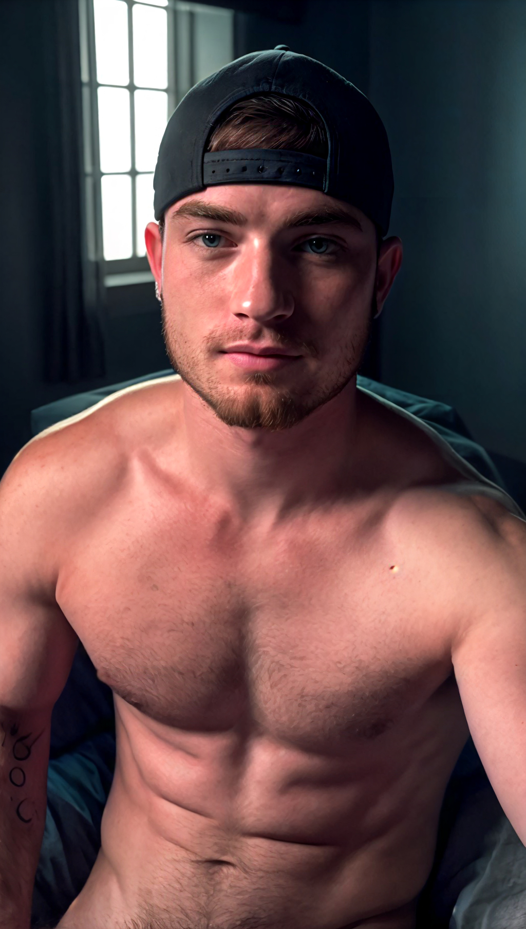ASCII<lora:Country_boy:0.7>  Photo of a man, close up portrait, skinny, hat backwards, dark bedroom, windows, close up portrait, high detail, realistic, high detail, 8k, (Masterpiece, high quality:1.3), masterpiece, depth of field, bokeh, detailed, homoerotic, (homoerotic), highly detailed, sharp focus, intricate, smooth, elegant, fantasy, cinematic lighting, cinematic, masterpiece, matte, photorealistic, 4k, beautiful, volumetric lighting, dramatic,
