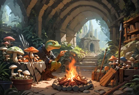 score_9, score_8_up, score_7_up, score_6_up,  , Th1sUs3rrealistic,  (score_9, score_8_up:1.1), score_7_up, kobolds, kobolds camp, fireplace, rudimentary hutts, inside a cave, lizard pets, multiple kobolds, spears, food, mushrooms. ancient ruins