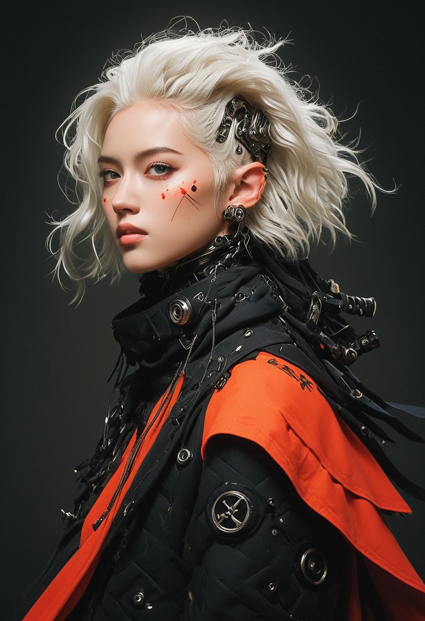 assassinkahb style, Vibrant colorful niji pastel neon pop art in the style of jimmy-marble, red/black high collar jacket, solo, elf Female wired-cyborg heavy armored feudal samurai resembling Johnny bravo, white hair, red eyes,  huge brast, reinforced Military Jacket, jewelery Made of mechanical parts, tattoo, Abs, portrait, neon eyes, wired-cyborg, looking back, shining teeth, white eyes,