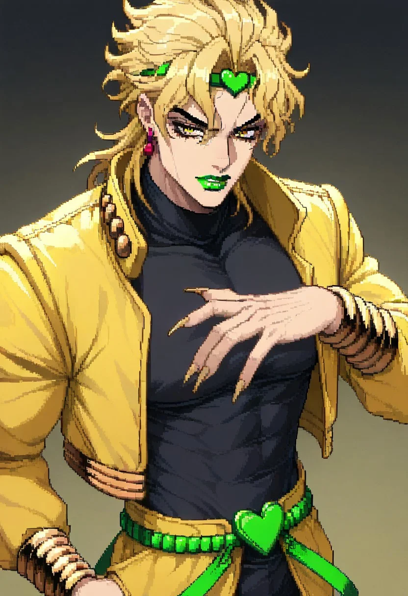 masterpiece, best quality, newest, absurdres, highres, PCSVIL-V1.0, pixel art, 1boy, dio brando \(jojo no kimyou na bouken\), blonde, green lipstick, long fingernails, green lips, jewelry, yellow eyes, yellow jacket, black shirt,