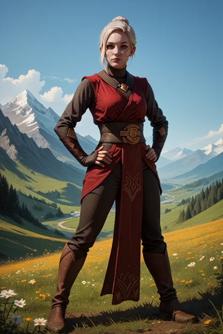 score_9, score_8_up, score_7_up,
<lora:StarMerrin:0.8>
StarMerrin, 1girl, white hair, face paint, brown eyes, looking at viewer, hands on hips, mountains, field, full body