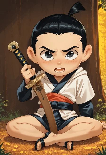 score_9, score_8_up, score_7_up, highly detailed, CuteCartoonStyle, cute, Score_9, Score_8_up, Score_7_up <lora:Young Samurai Jack:1>,youngjack, fair skin, topknot, short black hair, black eyes, male, weapon, sword, 1boy, solo, male focus, black hair, wooden sword, yellow skin, open mouth, black eyes, holding, colored skin
, <lora:Cute Cartoon ArtStyle:1>CuteCartoonStyle,
<lora:IssaKa Poses:1>, full body, sitting, sitted, open legs, hands beside body, front view