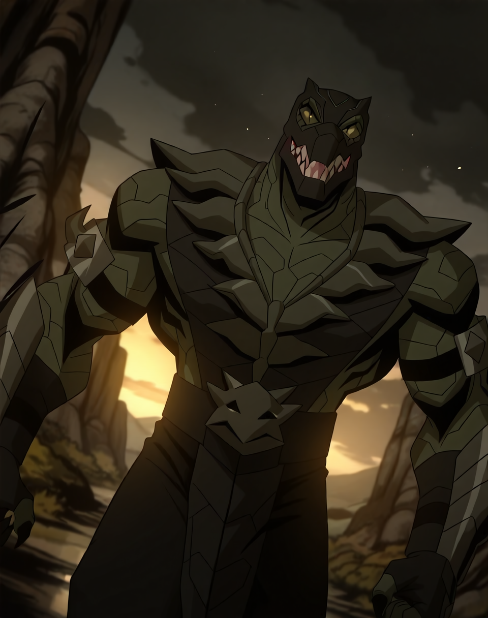 <lora:Reptile_(Mortal_Kombat_Legends_Scorpion's_Revenge)_(Illustrious)_(AD):1.35> Reptile_MK, muscular, Mortal Kombat, 
dutch angle, exterior, monumental architecture, wasteland, dark night sky with black clouds, mountains, ancient Asian stone ruins, 
male focus, gradient coloring, villain, cowboy shot, white teeth, 
BREAK very awe, aesthetically pleasing, masterpiece, best quality, amazing quality, very aesthetic, perfect depth of field shot, in'ei, source_furry, furry_art, 
Smooth Quality, lazympos, IllustQualXL_Pos,