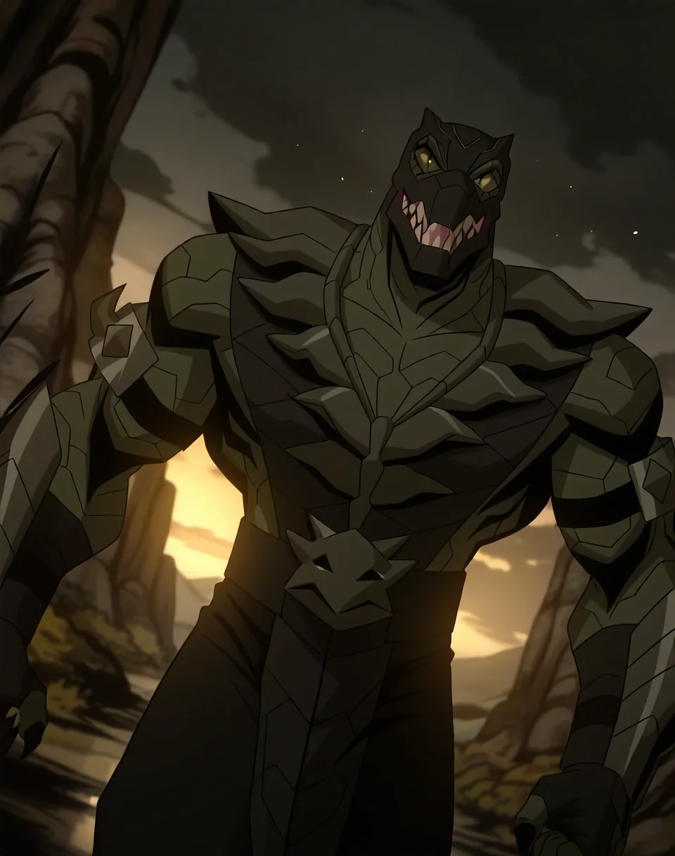 <lora:Reptile_(Mortal_Kombat_Legends_Scorpion's_Revenge)_(Illustrious)_(AD):1.35> Reptile_MK, muscular, Mortal Kombat,
dutch angle, exterior, monumental architecture, wasteland, dark night sky with black clouds, mountains, ancient Asian stone ruins,
male focus, gradient coloring, villain, cowboy shot, white teeth,
BREAK very awe, aesthetically pleasing, masterpiece, best quality, amazing quality, very aesthetic, perfect depth of field shot, in'ei, source_furry, furry_art,
Smooth Quality, lazympos, IllustQualXL_Pos,