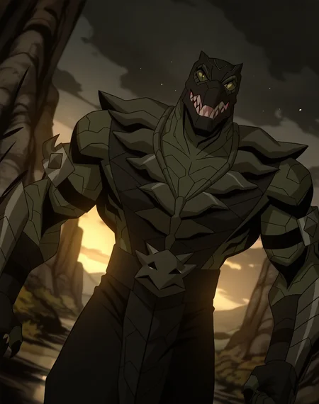 <lora:Reptile_(Mortal_Kombat_Legends_Scorpion's_Revenge)_(Illustrious)_(AD):1.35> Reptile_MK, muscular, Mortal Kombat,
dutch angle, exterior, monumental architecture, wasteland, dark night sky with black clouds, mountains, ancient Asian stone ruins,
male focus, gradient coloring, villain, cowboy shot, white teeth,
BREAK very awe, aesthetically pleasing, masterpiece, best quality, amazing quality, very aesthetic, perfect depth of field shot, in'ei, source_furry, furry_art,
Smooth Quality, lazympos, IllustQualXL_Pos,