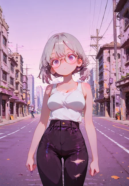 masterpiece, best quality, amazing quality, very aesthetic, realistic, newest, volumetric lighting,
1girl, slim waist, medium breasts, tan skin, tan lines, light makeup, long grey hair, messy strands, low side ponytail, white tank top, ripped jeans,
large rimless round glasses, purple eyes,
city setting, skyscrapers, view from front, depth of field,
BREAK
city aesthetic, urban elegance, dynamic light, vibrant colors, textured surfaces, dramatic shadows, rich details, city-inspired color palette,
cinematic composition, view from front, (finely detailed face), posing, walking,
fl4t,