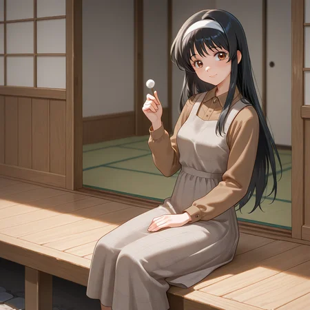 <lora:IL_Chitose_Sayoko:1>,1girl,solo,im_vv,Asuka Chitose/(alicesoft/),brown eyes,black hair,long hair,sidelocks,thin hairband,
pinafore dress,brown collared shirt,layered clothing,sit,feet togeher,holding mimikaki,porch of a Japanese house,outdoors,light smile,head tilt,, <lora:wai-A3-V140:1>,, masterpiece,best quality,amazing quality,very aesthetic,absurdres,