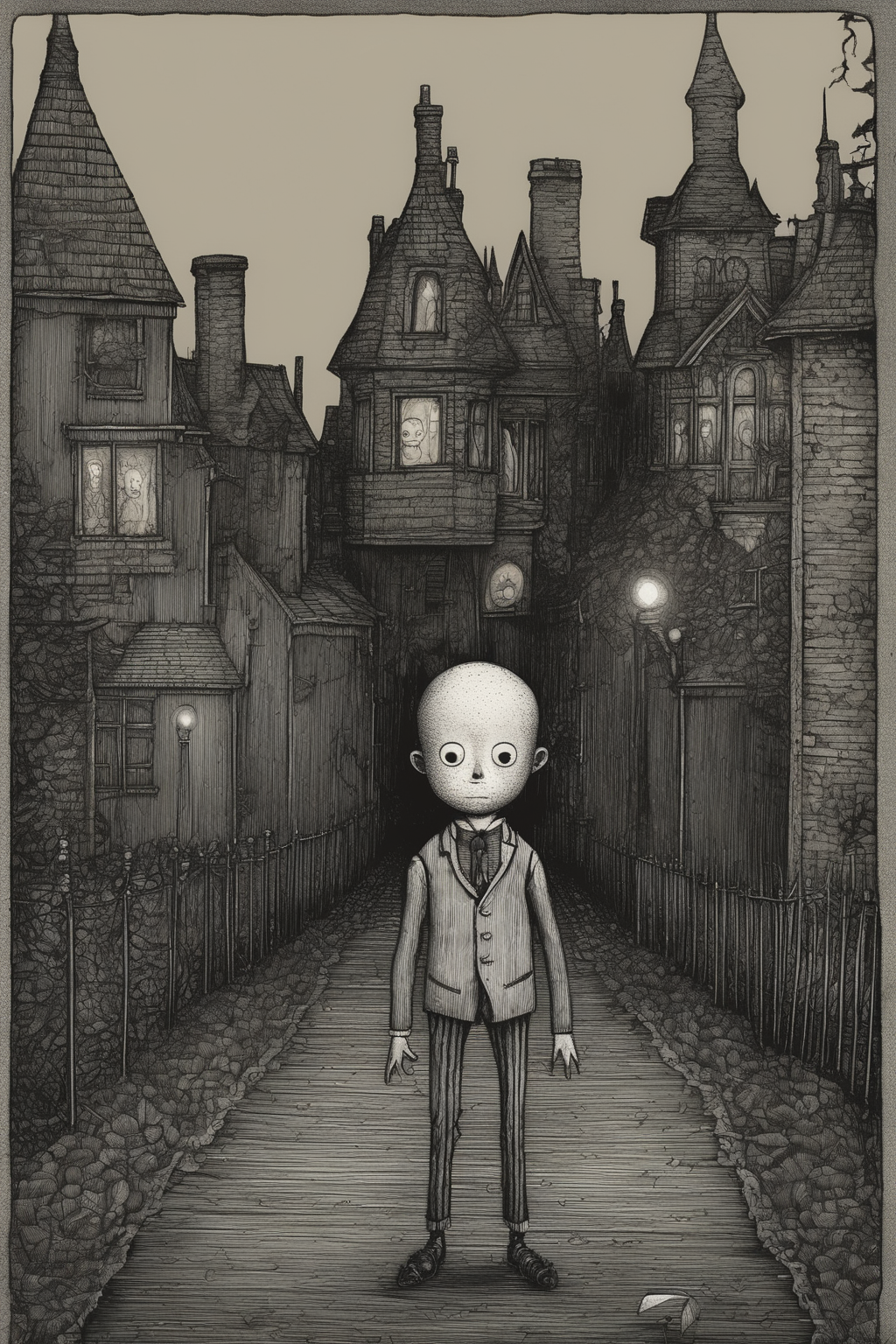 John Kenn Mortensen Style - a turn of the century creepy kid in the style of Edward gorey
