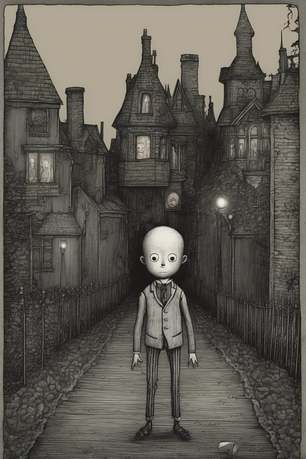 John Kenn Mortensen Style - a turn of the century creepy kid in the style of Edward gorey