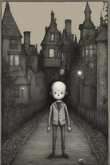 John Kenn Mortensen Style - a turn of the century creepy kid in the style of Edward gorey