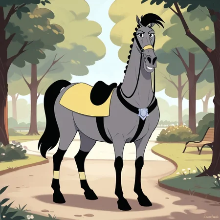 score_9, score_8_up, score_8, score_7, source_cartoon, Pearl(101), Solo, 1girl, feral, horse, grey fur, black hair, black horse tail, black eyes, reins, yellow and black saddle, full body, looking at viewer, standing, smile, park background,