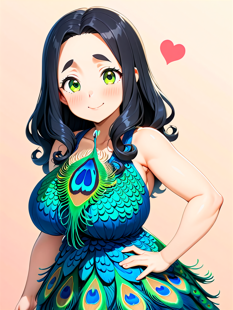 anime, best quality, (masterpiece:1.4), (high quality:1.4), sharp focus, 4k, absurd resolution, detailed hands, curly hair, long hair, (black hair:1.6), 1girl, mature female, (parted hair:1.7), (round face), <lora:ETO_OC_XL:0.7>, (thick eyebrows:0.9), (plump:0.8), round-chin, (greenish brown eyes), (brownish green eyes), caucasian, down-turned eyes, blush, 1girl, (forehead:0.75), shy, timid, smile, hearts, <lora:hinaMaybeBetterPoseXL_v2:0.8> <lora:peacock_feather_dress-XL-1.0:0.8> peacock feather dress, (Standing, one hand on the hip, the other arm extended,)