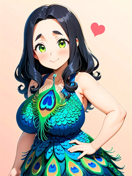 anime, best quality, (masterpiece:1.4), (high quality:1.4), sharp focus, 4k, absurd resolution, detailed hands, curly hair, long hair, (black hair:1.6), 1girl, mature female, (parted hair:1.7), (round face), <lora:ETO_OC_XL:0.7>, (thick eyebrows:0.9), (plump:0.8), round-chin, (greenish brown eyes), (brownish green eyes), caucasian, down-turned eyes, blush, 1girl, (forehead:0.75), shy, timid, smile, hearts, <lora:hinaMaybeBetterPoseXL_v2:0.8> <lora:peacock_feather_dress-XL-1.0:0.8> peacock feather dress, (Standing, one hand on the hip, the other arm extended,)