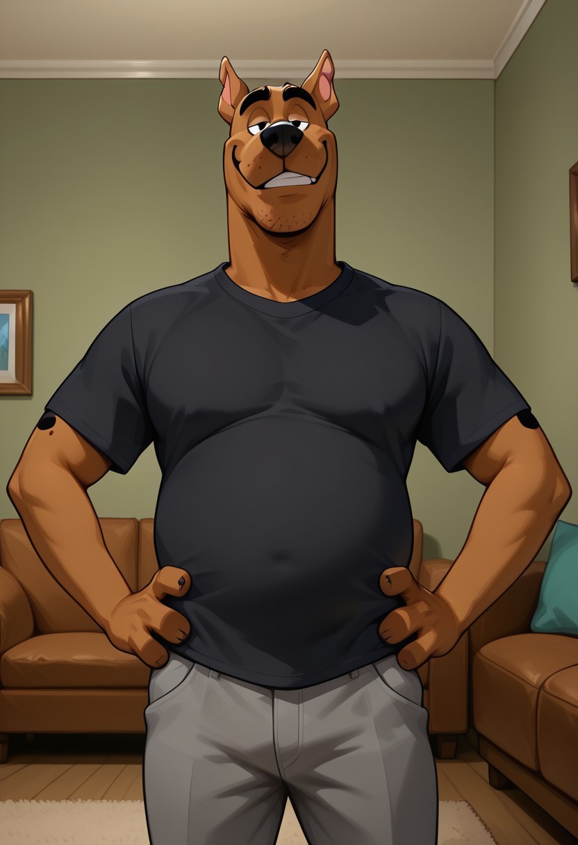 high quality, detailed, source_furry, male, solo male, Scooby, 1boy, broad shoulders, mature male, black eyes, athletic build, animal ears, great dane, stubble, anthro, anthro male, brown body, bottom heavy, grinning, smug, looking at viewer, hands on hip, half-body shot, living room, indoors, black shirt, gray pants