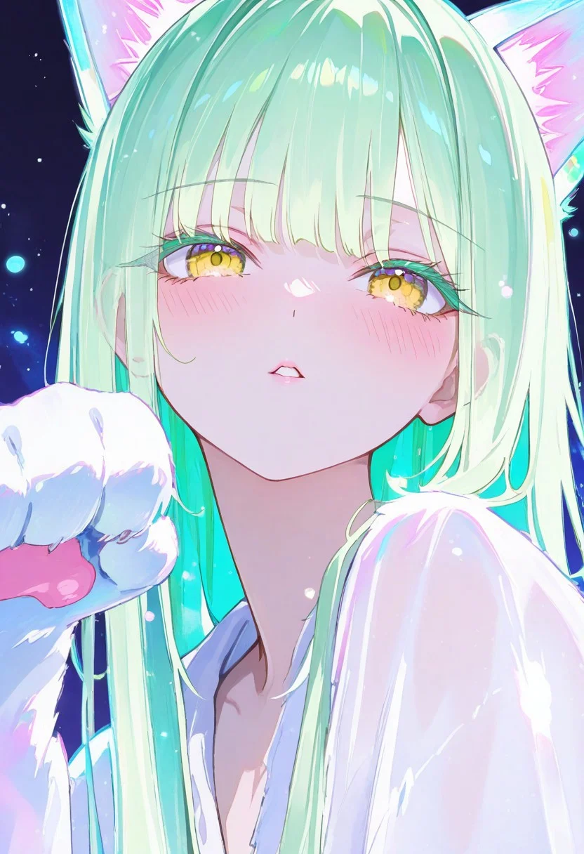 masterpiece, best quality, absurdres, highres, very awa, newest, watanabe akio, ano \(gccx8784\), baru 4416, 1girl, cat girl, green hair, long hair, bangs, yellow eyes, colored eyelashes, ethereal glow, paw pose, blush, parted lips, close up