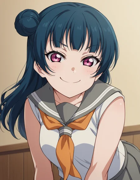 score_9, score_8_up, score_7_up, source_anime, <lora:yoshiko-tsushima-s2-ponyxl-lora-nochekaiser:1>, yoshiko tsushima, long hair, bangs, blue hair, pink eyes, hair bun, single hair bun, single side bun,, shirt, school uniform, white shirt, serafuku, neckerchief, uranohoshi school uniform, orange neckerchief, sleeveless, skirt, pleated skirt, grey skirt,, indoors, bent over, smile, smug, looking at viewer, solo,, cowboy shot, dutch angle