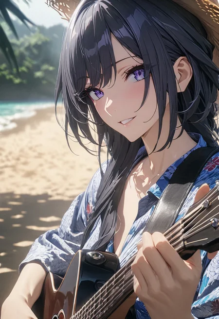 masterpiece, beatiful lips, best quality, high quality, amazing composition, cinematic, (masterpiece), (best quality), (ultra-detailed), very aesthetic, perfect composition, intricate details, absurdres, (anime, masterpiece, intricate:1.3), (best quality, hires textures, high detail:1.2), ((high end)),(UHD picture),(vivid),((life like)),(crystal clear),
(photo realistic),((bestquality fingertip)),((beautifully detailed face)),((beautifully detailed body line)),(beautiful detailed hair),((determination)),{perfect anatomy},intricate,(highly detailed),
Settings; ((beach background))
Character;(1girl, from front, relaxed), (shades, straw hat,black hair, Hawaiian shirt) (playing guitar), guitar,
composition; (half body shot), (looking for a viewer), (warm smile),