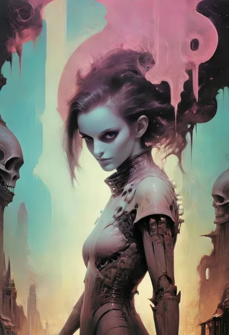 district 9 cover art style, Surreal Collage, vibrant Pastel Tones, Closeup Portrait, dystopian dune theme,
smiling Petite Female punisher stance aeldari, Lifting arm in ancient Sci-fi translucent light, luminous digital letters starwars abyss devouring reality in the Background, dystopian Sci-fi Scene By Giger, ethereal, thermal, very detailed, HD,