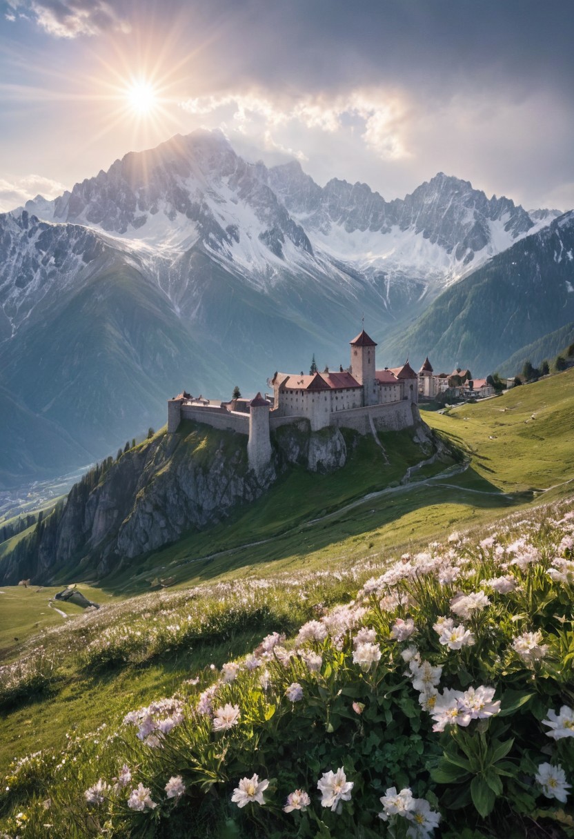 alpine landscape, gloomy old fortress on the slopes of the mountains, flowers and sun, snow-capped mountain peaks in the background, pastoral, detailed drawing, liner, backlight, delicate colors.