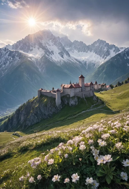 alpine landscape, gloomy old fortress on the slopes of the mountains, flowers and sun, snow-capped mountain peaks in the background, pastoral, detailed drawing, liner, backlight, delicate colors.
