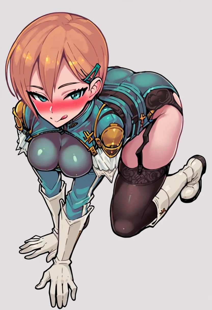 8k resolution:1.3, outstanding detail, Score_9, score_8_up, score_7_up, best quality, highly detailed, full body, all fours, taken from front, looking at viewer,
1girl, solo, mgqSonia, black_thighhighs, garter_straps, armor, hairclip, white_knee_boots, white_gloves, standing, impossible_clothes,
half closed eyes, seductive face, blush, closed mouth, tongue out simple background, white background,
simple background, white background,