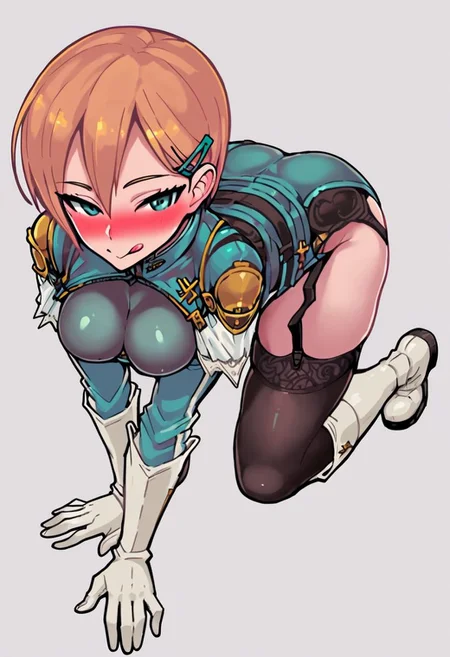 8k resolution:1.3, outstanding detail, Score_9, score_8_up, score_7_up, best quality, highly detailed, full body, all fours, taken from front, looking at viewer,
1girl, solo, mgqSonia, black_thighhighs, garter_straps, armor, hairclip, white_knee_boots, white_gloves, standing, impossible_clothes,
half closed eyes, seductive face, blush, closed mouth, tongue out simple background, white background,
simple background, white background,