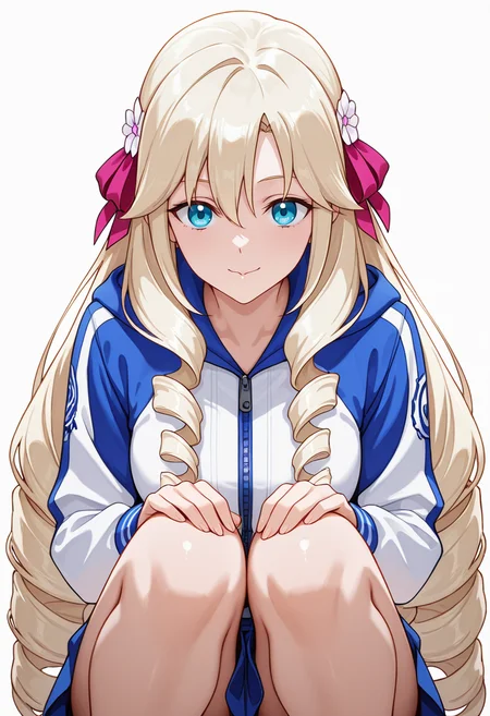 Smooth Quality,masterpiece,very intricate, high quality details, ultra realistic, high detailed skin,detailed enviorement,absurdres,
<lora:Ariane_Algren_CNR:0.8> ariane_cnr, very long hair, drill hair,blonde hair, blue eyes, hair between eyes, sidelocks,hair bow,hair ribbon,hair flower,baseball jacket, ,windbreaker, ,cheongsam skirt, ,, simple background, white background, front view,
seated with knees drawn up, arms encircling legs, forehead resting on knees ,, ^o^,