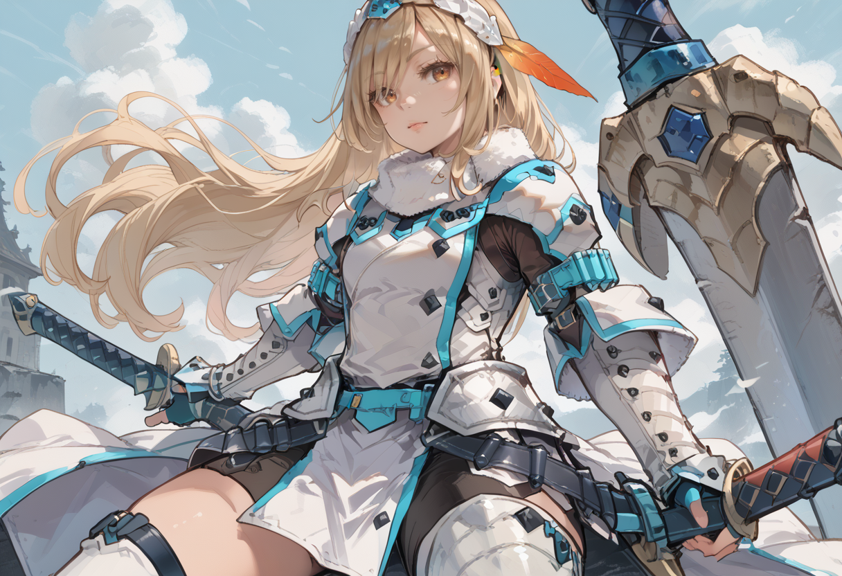 (score_9:0.9),score_8_up,score_7_up,rating_safe,anime style,(zPDXL),<lora:Barioth X Gunner Armor ponyXL v1.2:0.85>,barioth x gunner armor,white headband,white thigh boots,white fingerless gauntlets,white pelvic curtain,1girl,solo,sword,holding sword,