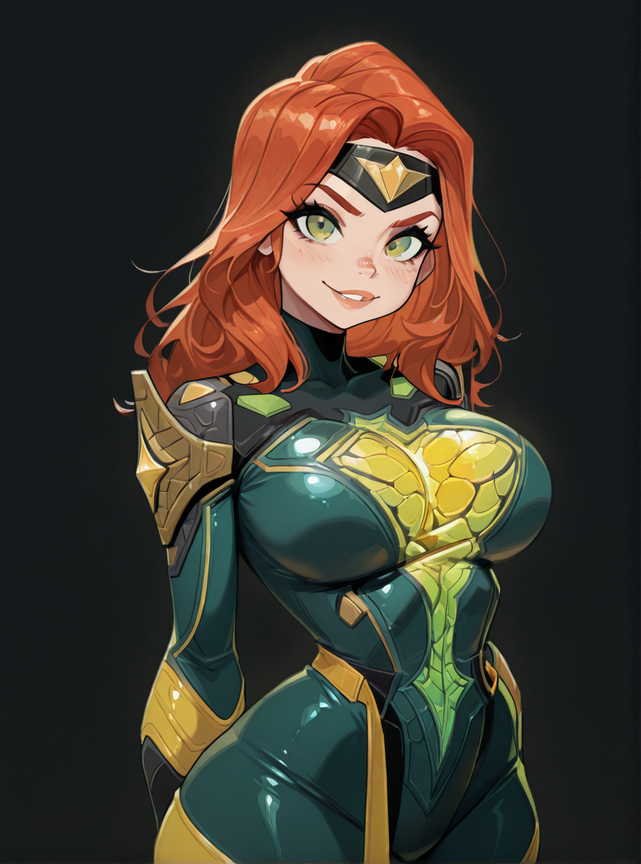 (masterpiece), (best quality), 1girl, solo, jean grey \(marvel_rivals\), (source_anime), looking at viewer, v-shaped eyebrows, (standing), front view, straight posture, upper body, (sharp lines), smile, large breasts, glowing freckled skin, (emerald green eyes), (orange hair), collarbone, (mature_female), forehead, long hair, forehead protector, shoulder armor, armored bodysuit, multicolored bodysuit, black bodysuit, green bodysuit, yellow bodysuit, yellow gloves, natural colors, <lora:JeanGreyillusApexAi:1>, jacayless, black background, jackcayless, <lora:jackcayless_-_Illu:1>,