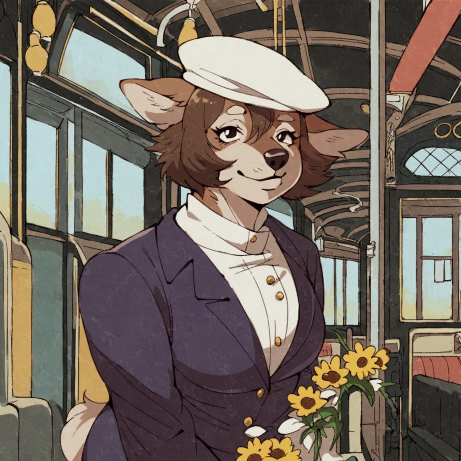 safe_pos, score_9, score_8_up, score_7_up, mononoke, wolf, canine, canid, canis, train station, white headwear, blazer, clothing, upper body, normal breasts, chubby, smile, 1girl, flower, short hair, solo, brown hair, looking at viewer