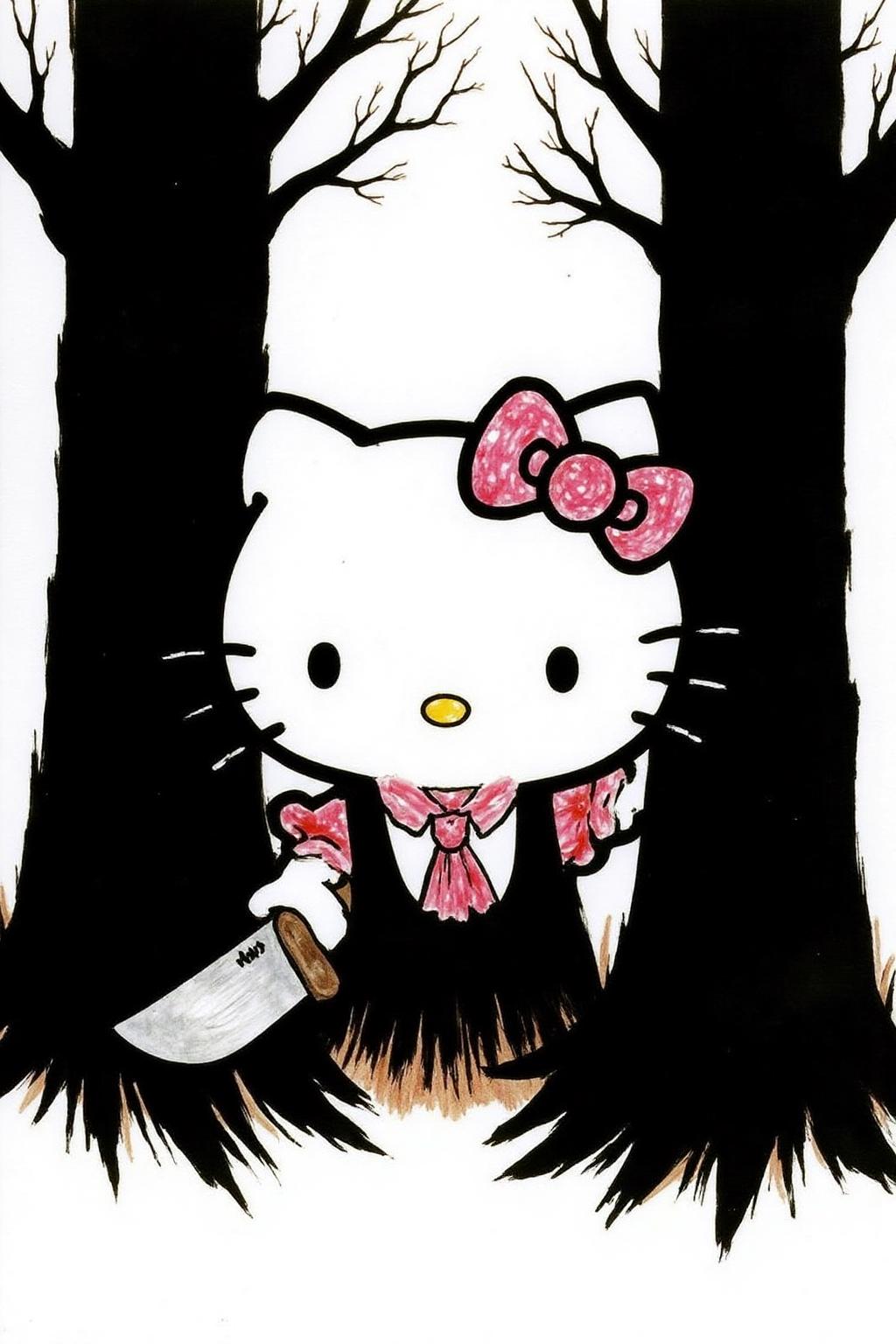 regr1 sketch 
Hello Kitty in the middle of the forest holding a knife, the atmosphere and the character looks scary, Hello Kitty is hidden by the shadows
The background is stark white.  <lora:regr1_fashion_nocap_d6a3:1.0><lora:807333227774800234:0>