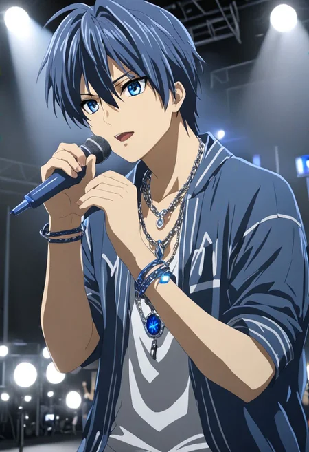 Anime Style, easynegative, detailed_eye_model, Highres, Masterpiece, High Quality, 4K, 8K, solo, 1boy, Tomoya Okazaki, Deep Blue Eyes, Grey Blue Hair, singing, stage, backstage screen, spotlight, speaker, confident, passionate, microphone, flashy clothes, necklace, bracelet