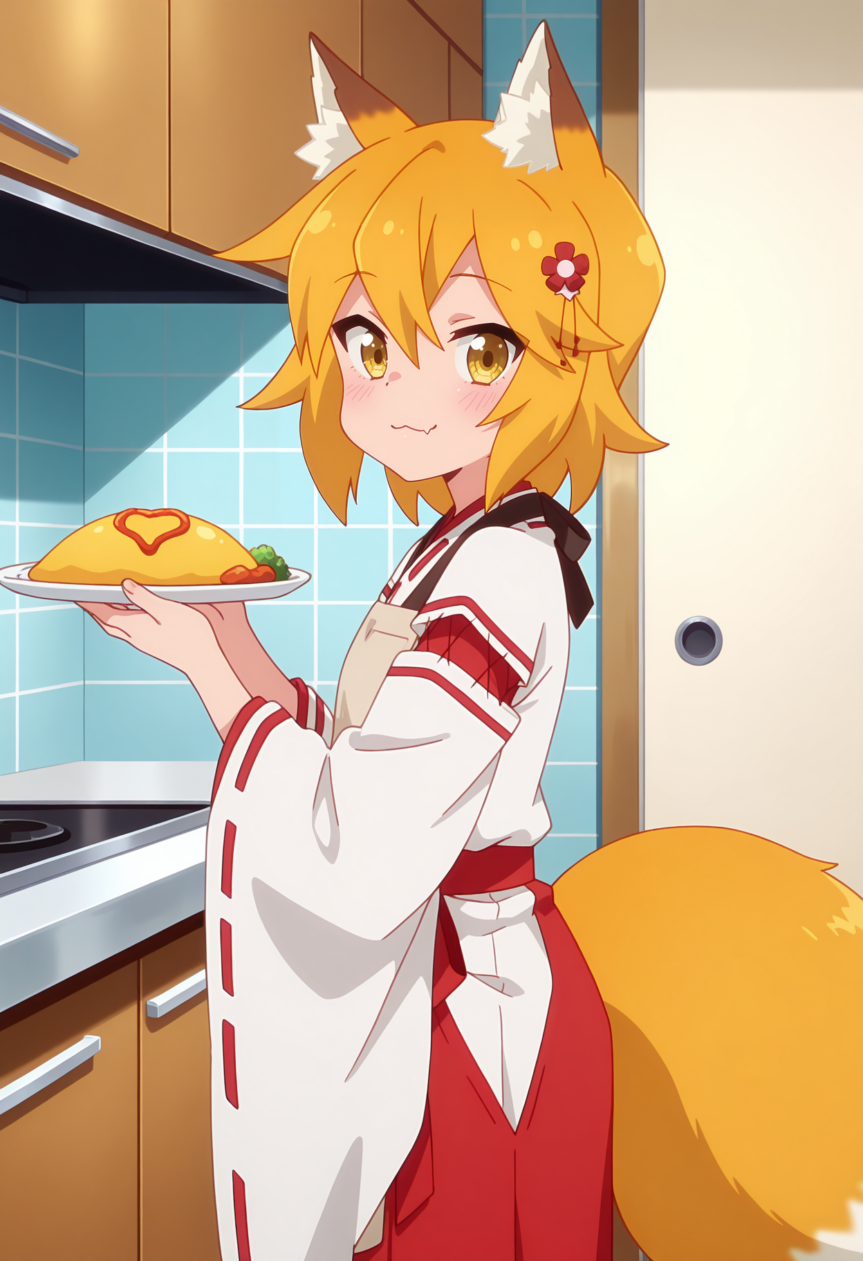 anime screencap, masterpiece, best quality,
<lora:SewayakiKitsune_Senko_IlluXL:0.9>,
1girl, solo, closed mouth, smile, :3, skin fang, blush,
orange hair, short hair, yellow eyes, hair ornament, fox ears, fox tail,
miko, light brown apron, white kimono, ribbon-trimmed sleeves, red hakama,
holding plate, omurice,
standing, looking at viewer, cowboy shot, from side,
indoors, kitchen