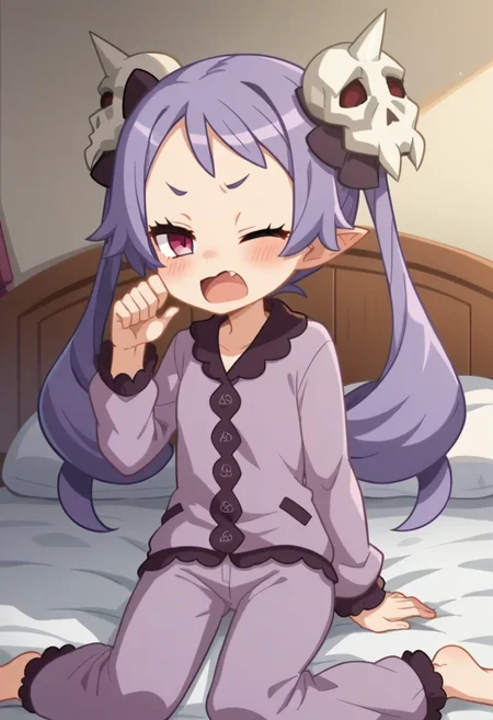 score_9, score_8_up, score_7_up, score_6_up, score_5_up, score_4_up, rating_safe, anime coloring ,BREAK source_anime, anime,screencap,
1girl, solo, majorita, hair ornament, skull hair ornament, pajamas, pajama shirt, pajama pants, purple pajamas, <lora:PonyXL Majorita V3:0.9>
indoors, looking at viewer, bedroom, bed, sitting on bed, sleepy, yawning, one eye closed,