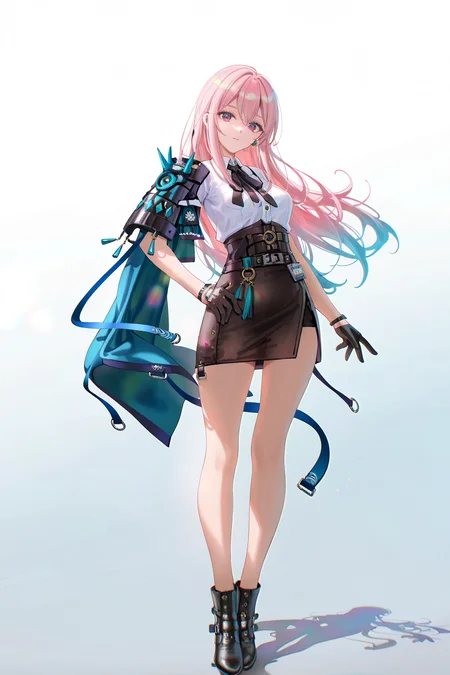 8k, best quality, masterpiece, (ultra-detailed), (high detailed skin), 
((artist:reoen),(artist:fuzichoco),(artist:atdan),(artist:torino_aqua),year 2024:0.8)1girl, [artist:wlop], [artist:ningen_mame], artist:ciloranko, [[artist:rhasta]], artist:tidsean, colorful, detailed light, light leaks, sunlight, bokeh, blurry foreground, ray tracing, lens flare, cinematic lighting, 
full body, full shot, standing, looking at viewer, (solo:1.2), simple background, (white background:1.2), hand on own hip, (white background:1.1), 
<lora:Yanagi-noob-Tanger-000012:0.8>, 
Yanagi, Yanagi-def clothes, Black right shoulder armor, 1girl, pink hair, gloves, black gloves, black skirt, pink eyes, long hair, breasts, shirt, black footwear, belt, standing, boots, white shirt, 
A full-body portrait of a young girl, standing gracefully, pastel art style, high-key lighting, shoujo manga influence, hd quality, delicate details,
