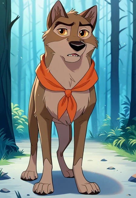 score_9, score_8_up, score_7_up, source_furry, source_furry, baltotwd, wolfdog, solo, feral, full body, snowing, forest, orange neckerchief