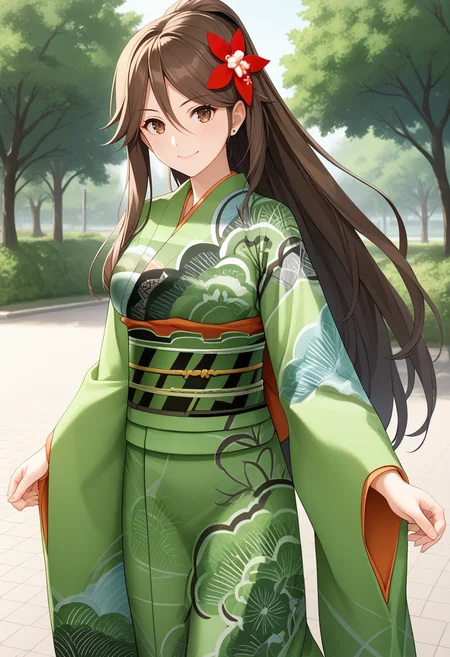1girl, solo, standing, cowboy shot, park, <lora:KC_04AC_amagi_pony-000032:1> amagikc, brown_hair, long hair, high ponytail, wide ponytail, brown eyes, bangs, hair between eyes, hair flower, amagidefkc, green_kimono, print_kimono, wide sleeves, obi, sash,, score_9,score_8_up, score_7_up, source_anime, masterpiece, best quality, official art, official style, game cg, megami magazine, rating_safe, rating_questionable, <lora:Fixhands_anime_bdsqlsz_V1:0.75>, NEGATIVE_HANDS