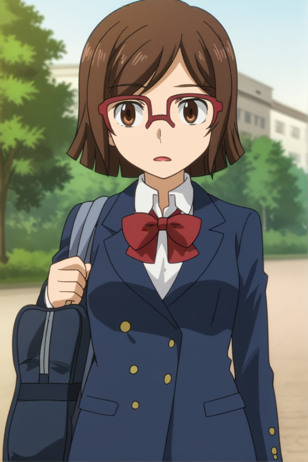 <lora:anime:0.8>, outdoors, China Kousaka, 1girl, bag, blazer, glasses, jacket, over-rim eyewear, red-framed eyewear, school bag, school uniform, semi-rimless eyewear, solo