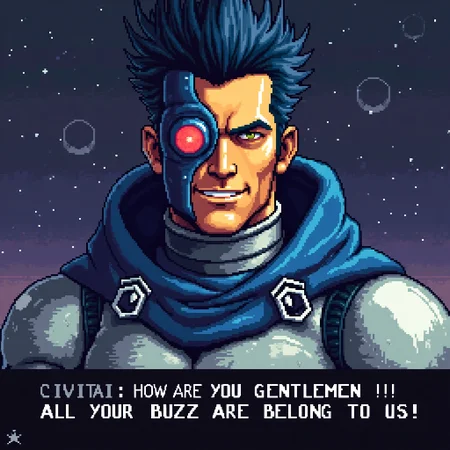 Pixelated 16-bit video game screenshot with detailed shading, The background is a starry night sky. a front view closeup portrait of an arrogant man with olive skin, tall dark blue spiked hair, a cybernetic mask covers the left side of his face, wearing a blue cloak over a silver spacesuit with a tall collar. His left eye is a red LED. He is smirking. There is a white hexagonal C shaped clasp on his collar The lower third of the screen is black. In a white retro 16bit pixelated font a left-justified caption states: "CIVITAI: HOW ARE YOU GENTLEMEN !!",and on the next line: "ALL YOUR BUZZ ARE BELONG TO US"