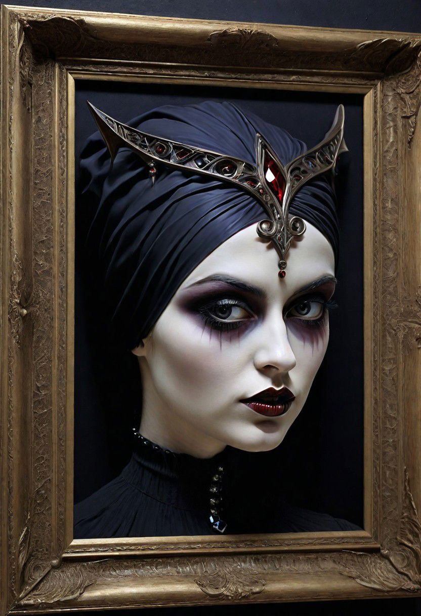 A Woman gothic Art Stylistically diverse painting, create a new and unique visual experience, complex expressions! In the outta realms of your mind, In a world where full 3D is all that matters, Taking art to another level, With colors we never knew exsisted, with mind blowing depth and foreground clarity, abstract details, distinctive visuals, Intricate and Exquisite Definition, (3D Framed, Woman), Painstaking Attention To Details