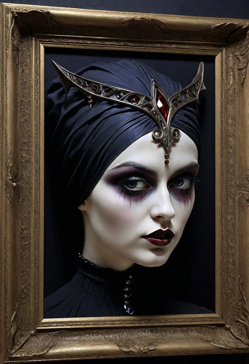 A Woman gothic Art Stylistically diverse painting, create a new and unique visual experience, complex expressions! In the outta realms of your mind, In a world where full 3D is all that matters, Taking art to another level, With colors we never knew exsisted, with mind blowing depth and foreground clarity, abstract details, distinctive visuals, Intricate and Exquisite Definition, (3D Framed, Woman), Painstaking Attention To Details