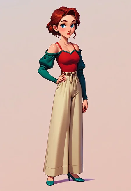 score_9, score_8_up, score_7_up, mgas, masterpiece, best quality, detailed eyes, detailed face, perfect eyes, high detailed, absurdres, highres, casual game art, mobile game art, merge 3 game art, character design, BREAK 1girl, woman, mature, solo, pretty, small smile, medium breasts, dark red hair, medium hair, a long curl on the right side of the face, a lush bun on the back of the head with a green elastic band, blue eyes, blush, a green blouse with voluminous sleeves, ((elbow-length sleeves, a red knitted tank top with straps over a blouse:1.5)), a brown belt with a gold buckle, light brown trousers, green pumps with red medium heels, BREAK ((right hand holding a blue glass clear glass)), left hand is on the hip, ((a small white kitchen towel is hanging on the forearm of the left hand)), standing, full body shot, full body, semi-sideways, half-sideways, looking to the right, BREAK simple background, dark blue gradient background