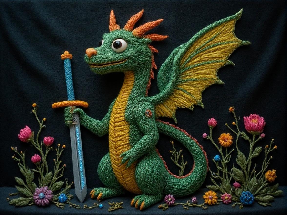 <lora:YarneyYarnYarnv2.safetensors:1>
In a sleek, cybernetic reimagining, the Green Dragon Warrior stands as a formidable figure, rendered in high-quality polished chrome. The metallic finish catches the light, reflecting intricate mechanical components seamlessly integrated into its form. The dragon's body is a blend of organic curves and angular, machine-like features, with smooth, reflective surfaces juxtaposed against textured, technical details like ridges, wires, and recessed panels.
The lighting is sharp and neon, casting striking highlights in electric blue, magenta, orange, and vibrant yellows. Against a dark, muted background, the dragon's metallic form glows with an otherworldly intensity. Small, glowing components like LED circuits and luminous paneling accentuate the mechanical elements, adding a futuristic touch.
The dragon's muscular build and intricately designed scales are rendered with remarkable realism, each scale a precise, polished piece of metal. The warrior holds a finely crafted, cyber-enhanced sword, the blade gleaming with a cool, blue light. The sword's hilt is adorned with intricate, illuminated patterns that pulse like a heartbeat.
Despite its mechanical precision, the Green Dragon Warrior exudes a sense of humanity and personality. Its eyes, though mechanical, have a subtle, expressive quality, as if they are the windows to an ancient, wise soul. The asymmetrical details, with differently designed parts on each side, add depth and character, making this figure a sophisticated and dynamic presence in any cyber-fantasy collection.
Measuring 18 inches tall, this statue is ideal for display in futuristic, fantasy-themed rooms or collections, where it can stand as a testament to the convergence of technology and myth.